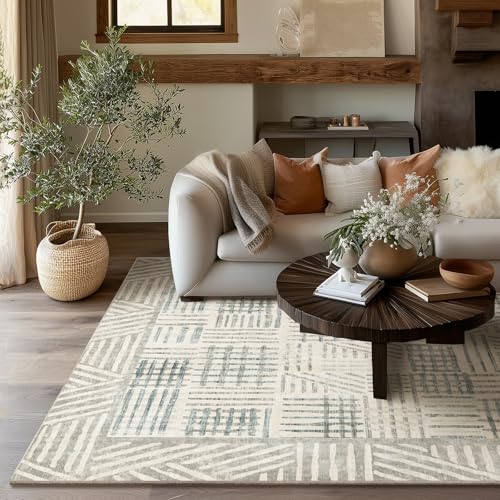 Image of Area Rug 6x9 Abstract Geometric Textured Brushstroke - Neutral Gray & Light Blue Modern Minimalist Area Rug, Decorative Carpet for Living Room Bedroom Home Decor