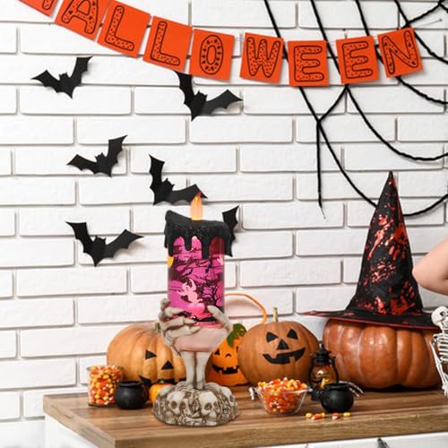 Image of Halloween Snow Globe Flameless Candle with Timer, Battery Operated Tornado Lamp Skeleton Hand Candle Holder Purple Light Glittering Spinning Water Halloween Table Decor(Ghost, 4 inch x 10 inch)