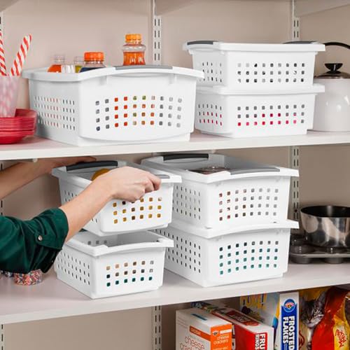 Image of Sterilite 16608008 Small Stacking Basket with Vertical Stacking Functionality and Titanium Accents for Organization in Home or Office, White (16 Pack)