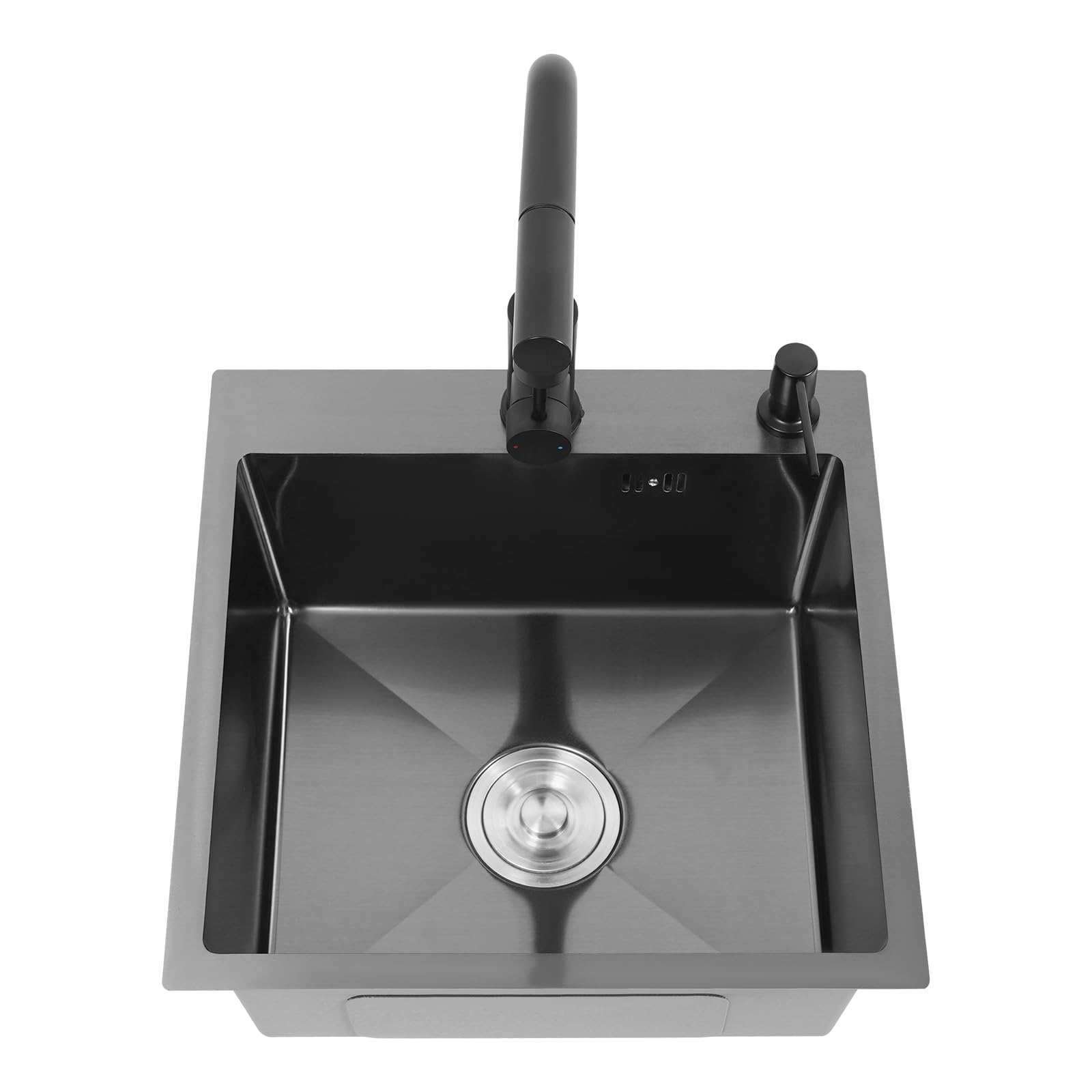 Fregadero de cocina moderno de acero inoxidable con doble agujero negro + juego de desagüe + lavabo negro de 38 cm de grosor + dispensador de jabón + grifo extraíble para casa, restaurante interior