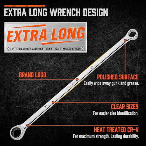 Image of HORUSDY 9-Piece Extra Long Ratcheting Wrench Set, Double Box End Wrench Set with Tool Bag & Box, Metric 8-22mm, CR-V Steel