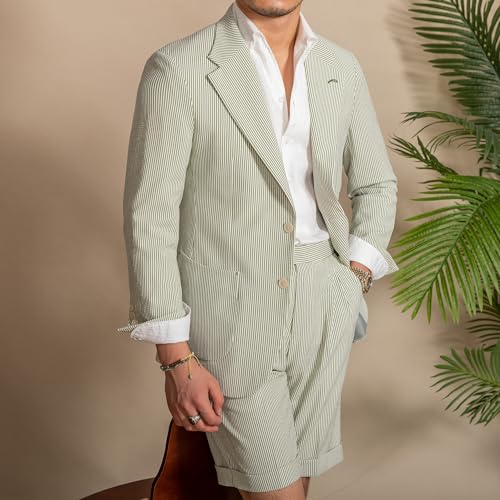 Mens Shorts Suits 2 Piece Seersucker Suit Slim Fit Two Button Blazer & Shorts Casual Set Summer Beach Wedding 20252