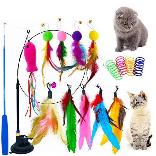 WUERIQE 16 pièces Jouet Interactif pour Chat,Jouets à Plumes pour Chats avec Cloche et Ventouse ,1 Bâton de Chat Interactif Rétractable et 9 Jouets avec Cloches avec 4 Jouets à Ressort Hélicoïdal Cover