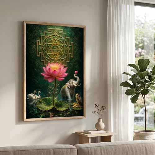 Image of Livin'luxe Shree Yantra Lotus Elephant Wall Painting for Living Room Bedroom Pooja Room Decor with Premium Wooden Color Synthetic Frame, Spiritual Art Gift (13.5 x 19.5) NM01-4083