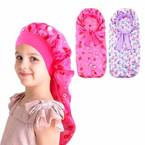 2PCS Girls Unicorn Hair Bonnet for Sleeping,Extra Long Satin Bonnet with Elastic Tie Band for Kids Braids Curly Hair