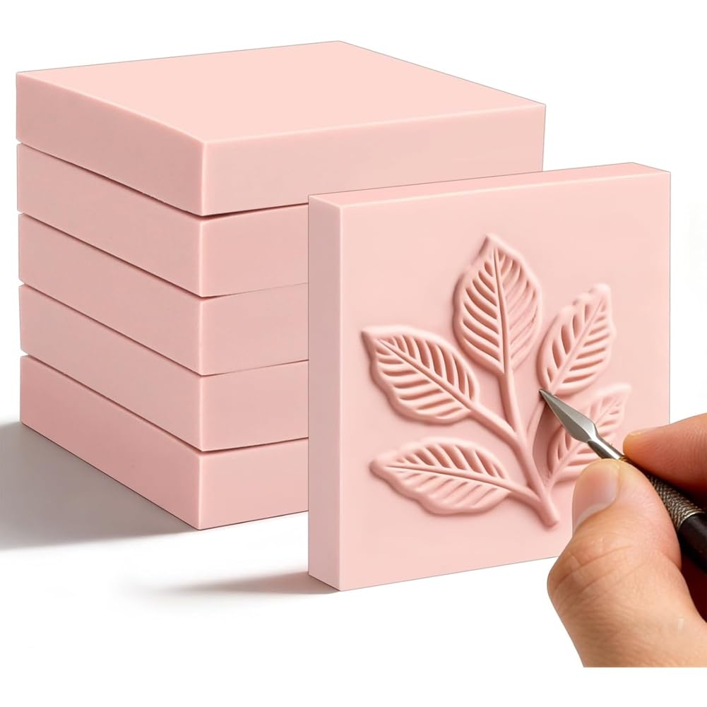 UDSKNV[KSL 6Pack Block Pale Pink Rubber Stamp Carving Blocks Rubber Carved Brick Soft Rubber Linoleum Block for Craft Project