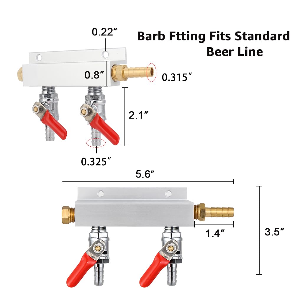 MRbrew Gas Manifold, CO2 Gas Distributor, 5/16'' Barb Fitting Beer Kegerator Splitter, 2-Way Air Distributor with Integrated Check Valves & Hose Clamps