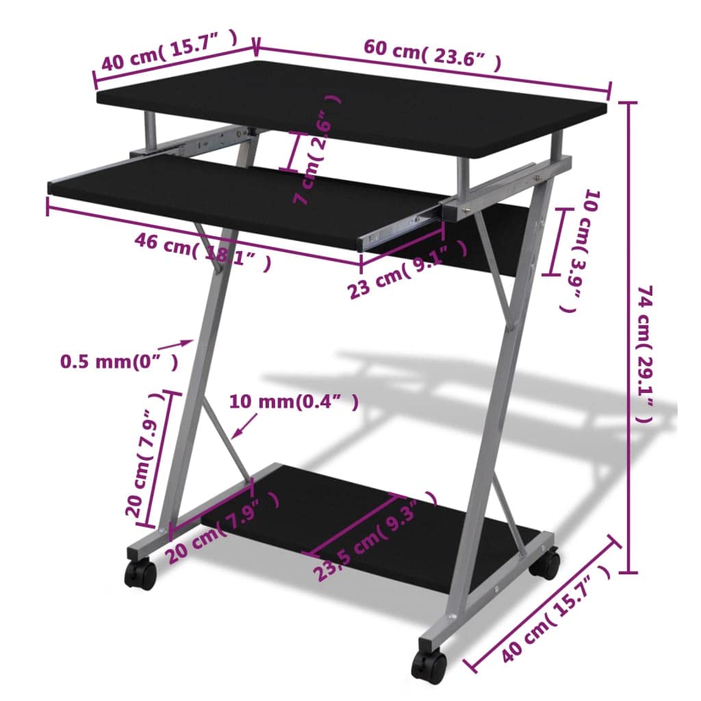 Escritorio de ordenador de 60 x 40 cm, con extractor de teclado y estante para torre de acero resistente y placa de tensión para PC, portátil, oficina, hogar, oficina