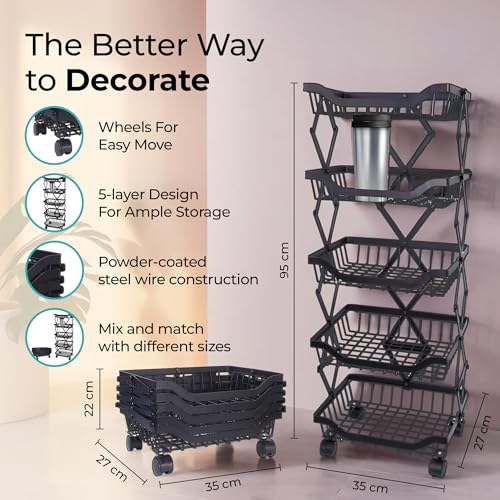 Image of The Better Home Collapsible storage baskets Black | Stackable Kitchen Basket For Storage | Carbon Steel Collapsible Foldable Basket For Fruits And Vegetables | Rust-Resistant | Unbreakable (5 layer)