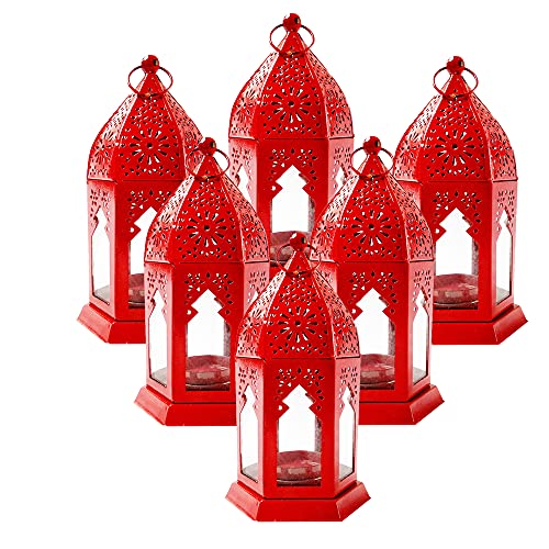 Imrab Creations Decorative Moksha Hanging Lantern | Laltern | Laltain Lamp with Tealight Candle Holder (Red, Set of 6, Combo)