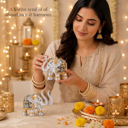 Image of DIVINITI 999 Silver Plated Elephant Pair with Luxury Gift Box | Vastu Elephant Showpiece for Home & Office Decor | Symbol of Prosperity, Wisdom, Good Luck & Success | 10.5 x 12 cm