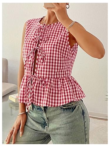 Verdusa Women's Gingham Plaid Peplum Blouse Y2K Bow Tie Sleeveless Going Out Tank Tops3