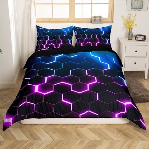 Homewish Single Duvet Cover Set for Kids Adults Honeycomb Bedding Set for Teenage Boy Blue Purple Gradient Duvet Cover for Girls Women Cool Geometric Black Bedding - Image 2