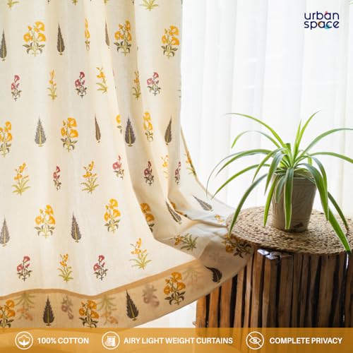 Image of Urban Space 100% Cotton Floral Curtains for Window, 60-65% Light-Filtering Curtains 5 Feet Long Set of 2 with Eyelets and Tieback, High Garden Yellow (Window - 5 Feet X 4 Feet)