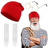 Janmercy 4 Pcs Halloween Boatswain Gnome Costume Accessories Include Dwarf Beanie Hat Gold Rimmed Round Glasses and Fake Sideburns for Halloween Cosplay