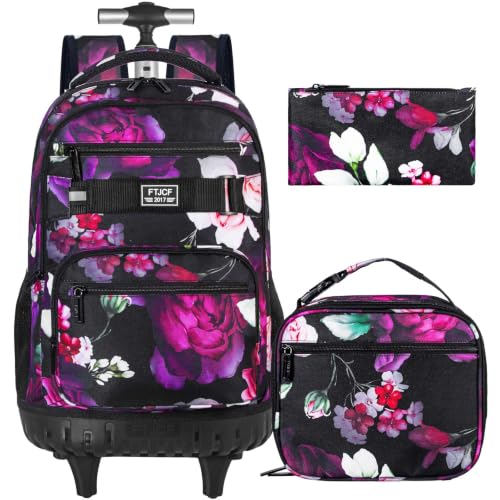 Image of 3Pcs Rolling Backpack for Girls Women, Travel Roller Backpacks with Wheels for Adults, Teens College Rose Wheeled Bookbag with Lunch Box(Black)