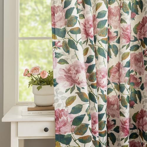 Image of ALIGOGO Floral Linen Patio Curtain for Sliding Door, Extra Wide Curtain 100 Inch for Glass Doors, Elegant Semi-Sheer Light Filtering Farmhouse Grommet Room Divider Drape 1 Panel, W100 x L90 Inch, Pink