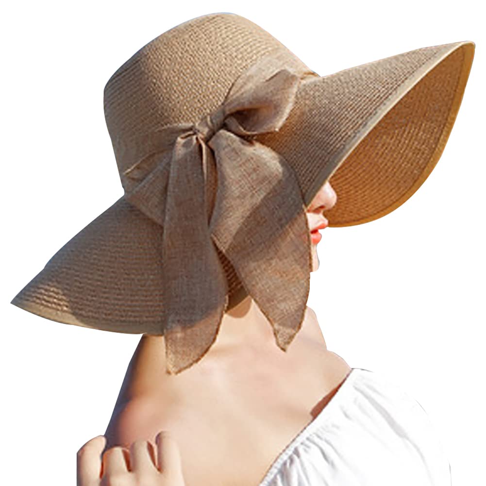 Lanzom Sombrero de paja plegable de ala ancha para mujer de 14 cm, con visera ancha y protección solar UPF 50+