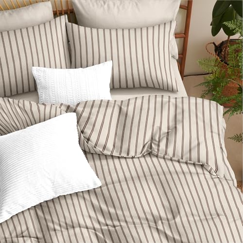 Image of Nayoroom Striped Duvet Cover Queen Size Brown Stripe Duvet Cover Dorm Bedding Set 3 Pieces Soft Lightweight Microfiber Farmhouse Bedding Set Gifts for Women Men (Tannish Linen Grey, Brown Stripes)
