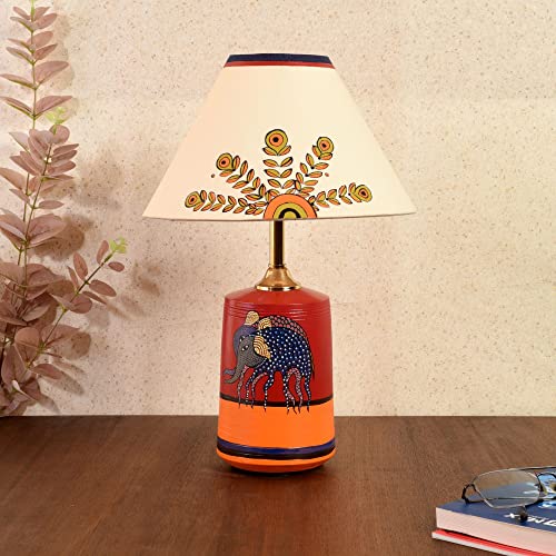 Image of AAKRITI ART CREATIONS Terracotta Table Lamp for Study Room, Bedroom & Living Room Decoration | Madhubani Tree of Life Bedside Lamp with Cotton Fabric Shade | Aesthetic Night Lamp