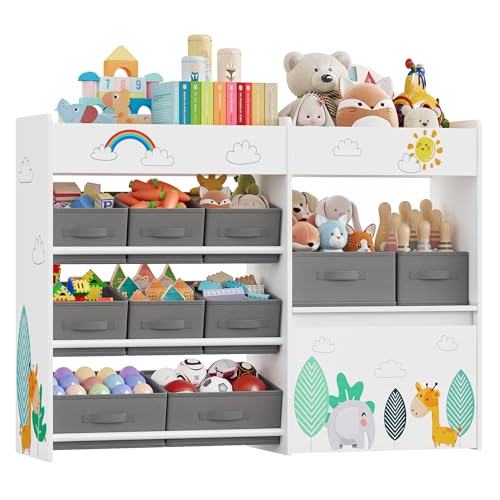 HOCSOK Spielzeugregal, Kinderregal mit 10 Stoff Aufbewahrungsboxen, Bücherregal, Spielzeugkiste auf Rollen, Spielzeug-Organizer im Kinderzimmer, Weiß