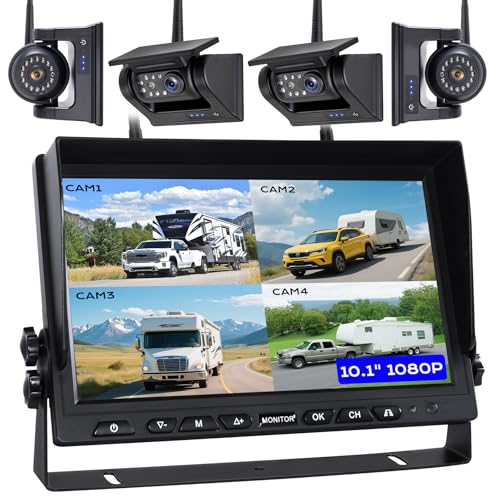 WOOCARTY 10.1' 4-Magnetic Wireless RV Backup Camera, HD1080P DVR Monitor, IP69 Waterproof & IR Night Vision 4x9600mAh Rechargeable Cameras, 2 Side Camera & 2 Rear Camera for Trailer Truck Camper WS104