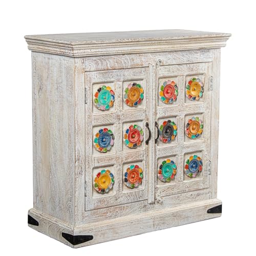 DRW Taquillon Mueble de Entrada con 2 Puertas Decoradas Estilo Etnico Madera en Blanco decape y Multicolor 90x40x90 cm