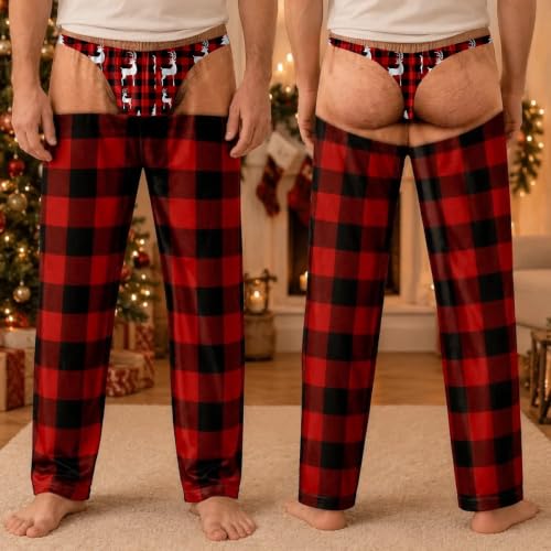 Christmas Pj Pants,Funny Pajama Pants For Men Custom Skin Tone Butt Print Elastic Waisted Ugly Christmas Pj Pant Claus Hairy Holiday Sleepwear Lounge Bottoms,Red4,L - image 3