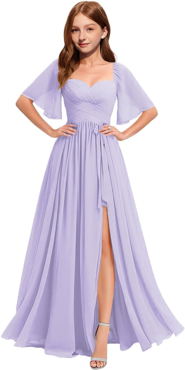 MRHUSH Junior Bridesmaid Dresses Flutter Sleeve Chiffon Flower Girl Dress Long Pleated A-Line Girls Formal Dress with Slit - Image 6