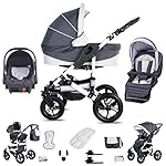 Friedrich Hugo Hamburg | 3 in 1 Kombi Kinderwagen Set | Luftreifen | Farbe: Grey & White