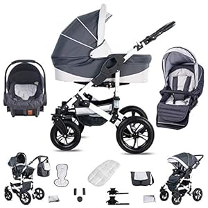 Friedrich Hugo Hamburg | 3 in 1 Kombi Kinderwagen Set | Luftreifen | Farbe: Grey & White