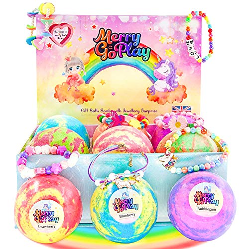 MerryGoPlay Gift Bath Bombs for Kids, Genuine Jewelry Charm Bracelets Surprise Inside, Jewelry Box for Girls Set. Natural Kid Safe Skin Moisturizing Shea Butter Large Bath Fizzies Bubble Bomb, Unicorn