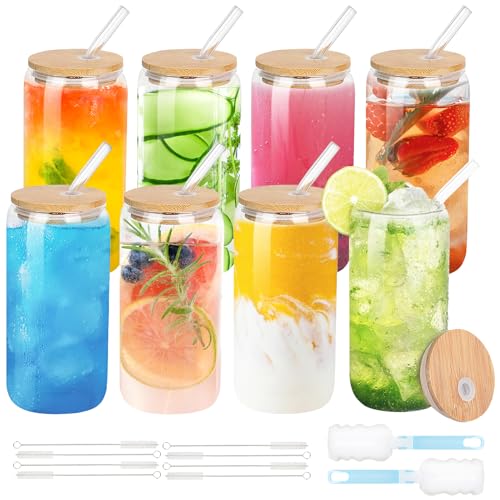 Drinking Glasses with Bamboo Lids and Glass Straw, Beer Can Glass,16oz Iced Coffee Cups, Tumbler Clear Glass Cup Ideal for Cocktail, Whiskey, Tea, Cola, Juice,Soda- Gift Set(8 Pack)