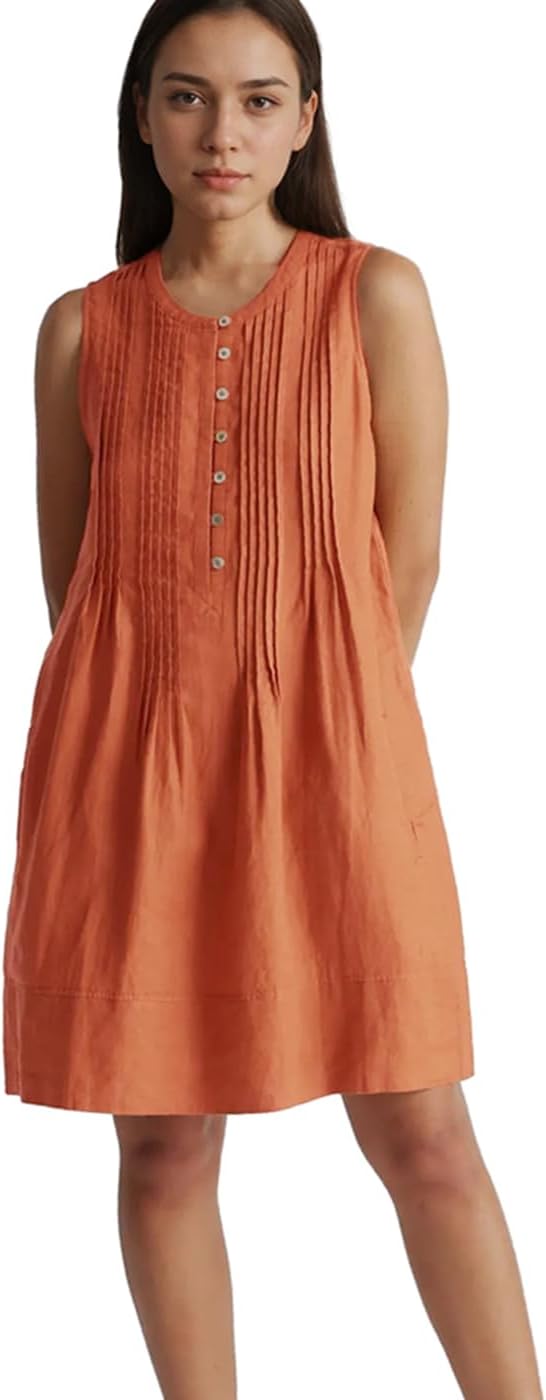 Women's Cotton Linen Crew Neck Sleeveless Swing Dress Casual Front Button Dresses with Pockets(Brown,M), Medium - Image 2