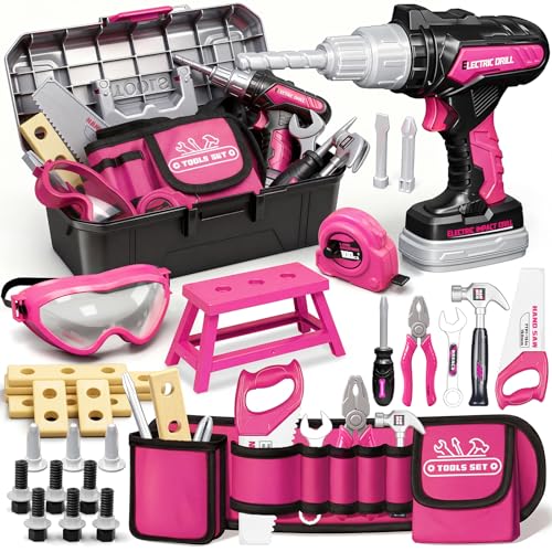 KidBloom Jouet Enfant 3 Ans, Boite a Outils Enfant avec Visseuse & Ceinture Porte Outil, 50 Pièces Outils Enfant Jouet Garcon 3 4 5 Ans (Rose)