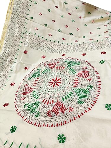 Image of SHRISTI CLOTHINGS Women's Hand Embroidered Cotton Silk Kantha Stitch Saree with Blouse Piece (J420724 LIGHTGOLDEN)