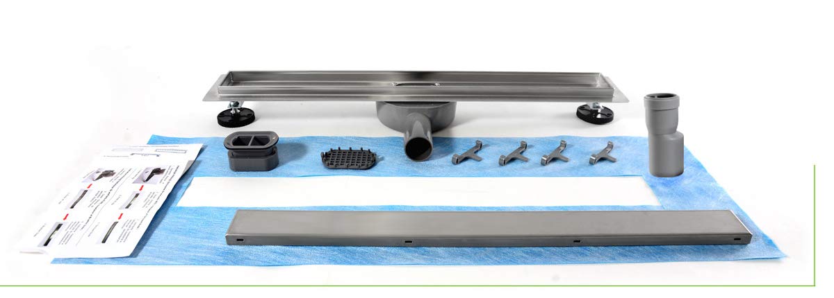 VBChome Canaleta de desagüe de ducha alicatable, de 90 cm, de doble cara, para suelo, de acero inoxidable, muy plana, sifón con autolimpieza, tamaños 60-100 cm, juego completo para cuarto de baño