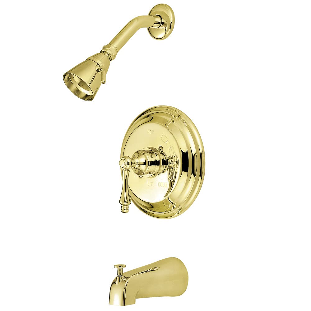 Kingston BrassKB3632AL Restoration Tub and Shower Faucet with Metal Lever Handle, Polished Brass