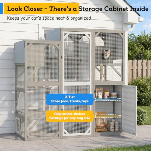 Image of Walk-in Catio with Storage Cabinet, Large Outdoor Cat Enclosure