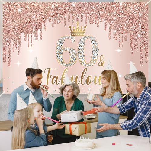 Image of Eucutur Pink Rose Gold 60th Birthday Banner Decorations for Women, Happy 60th Birthday Banner Backdrop Party Supplies, Sixty Years Old Bday Background Photo Sign for Indoor Outdoor