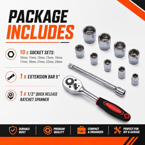 Image of KATSU 3 /8 Inch Socket Set 12Pcs, 10-24mm Metric Drive with 24-Teeth Quick-Released Ratchet Wrench and 6 inch Extension Bar, High Grade Chrome Vanadium Steel, Auto Repairing Garage Tool 420341