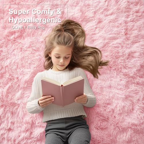 OLANLY 2x6 Machine Washable Runner Rugs for Hallway, Soft Fluffy Shaggy Bedside Rugs for Bedroom, Living Room, Indoor Floor Carpet for Kids Girls and Boys, Nursery Rooms, Home Decor Aesthetic, Pink