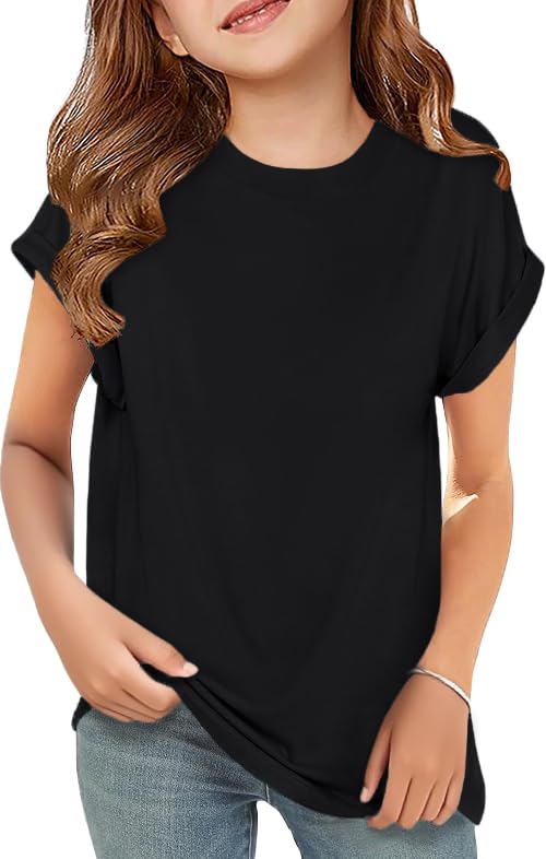 ZDC Girls Short Sleeve T Shirts Kids Crewneck Curve Hem Soft Tunic Tops Summer Tees 5-14 Years Black