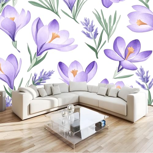 250 x 175 cm Papel pintado fotográfico tejido no tejido Estampado Floral Sencillo De Lavanda Y Azafrán murales decorativos modernos para pared Blanco, póster de pared para habitación infantil y salón