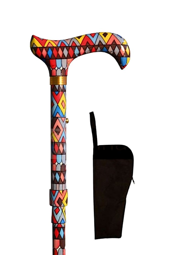 Gehstock Faltstock MIRÓ, Derbygriff Gießharz, Stock aus Leichtmetall, höhenverstellbar, faltbar, inklusiv Schlankpuffer, Halteklammer und Tasche.