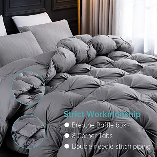 Three Geese Pinch Pleat Waterfowl Feathers and Down Comforter Twin Size Duvet Insert,750+ Fill Power,1200TC 100% Cotton, Premium All Seasons Gray Warm Hotel Comforter with 8 Tabs.