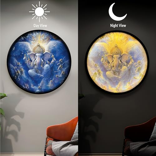 Image of PAINTINGMANTRA Shree Ganesh Ji Night Wall Lamp Painting with mobile Controllable Smart LED Light, Religious Round Wall Art Painting with RGB Night Lamp for Home & Office Wall Decor (18x18 Inches)