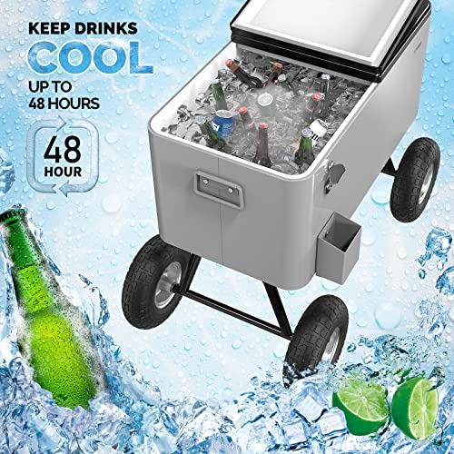 VINGLI 80 Quart Wagon Rolling Cooler Ice Chest, w/Long Handle and 10" Wheels, Portable Beach Patio Party Bar Cold Drink Beverage, Outdoor Park Cart on Wheels - Image 3