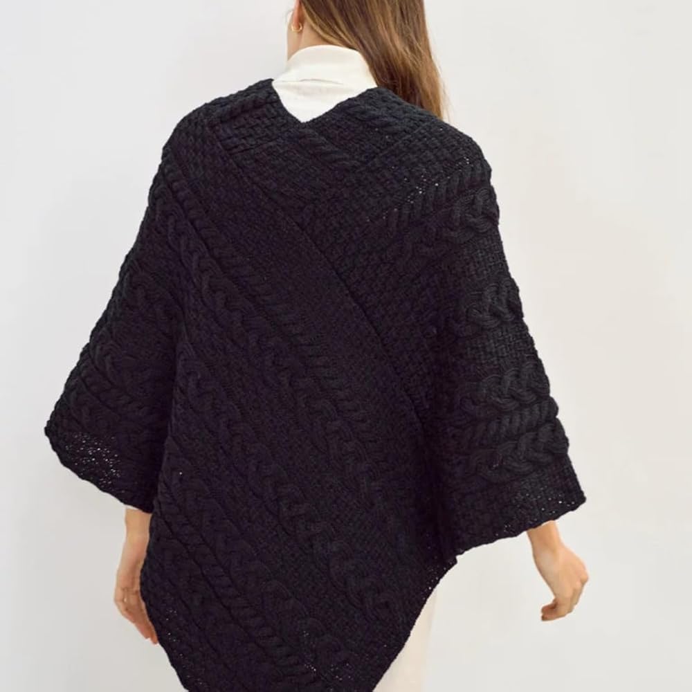 Aran Woollen Mills Ladies Cable Knit Poncho With Buttons (Black