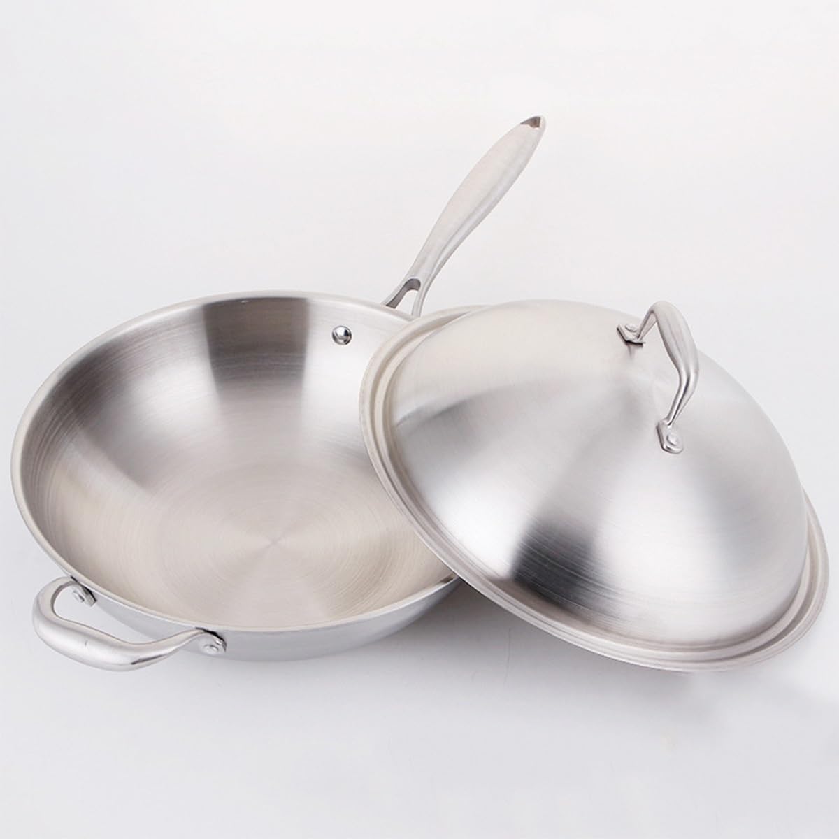 Padella wok antiaderente in acciaio inox da 34 cm, con coperchio, manico ergonomico, fondo piatto, compatibile con cottura a induzione, per mescolare e cuocere